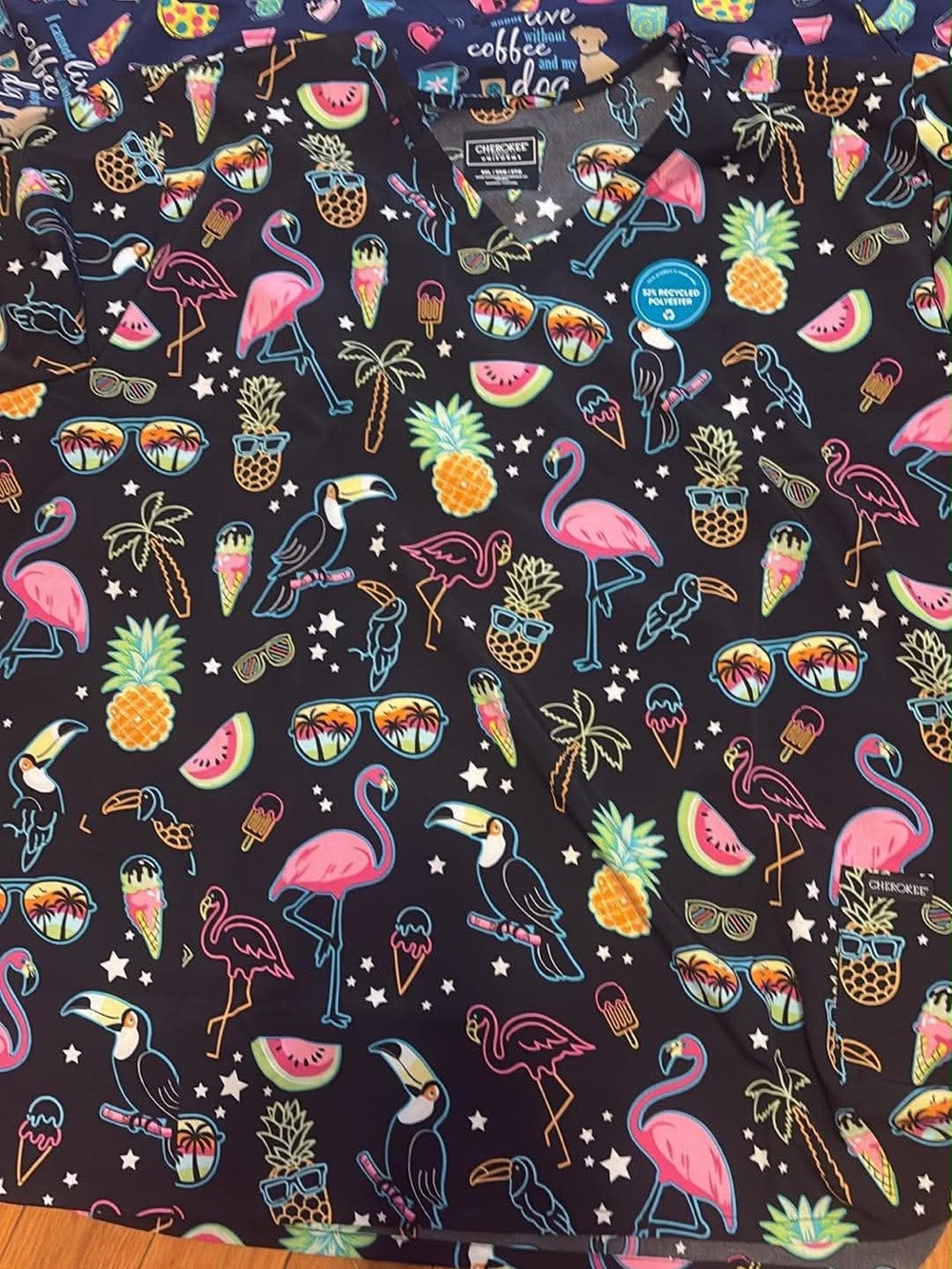 Cherokee Black Scrub Top with Neon Pink Flamingos and Multicolor Tropical Motifs